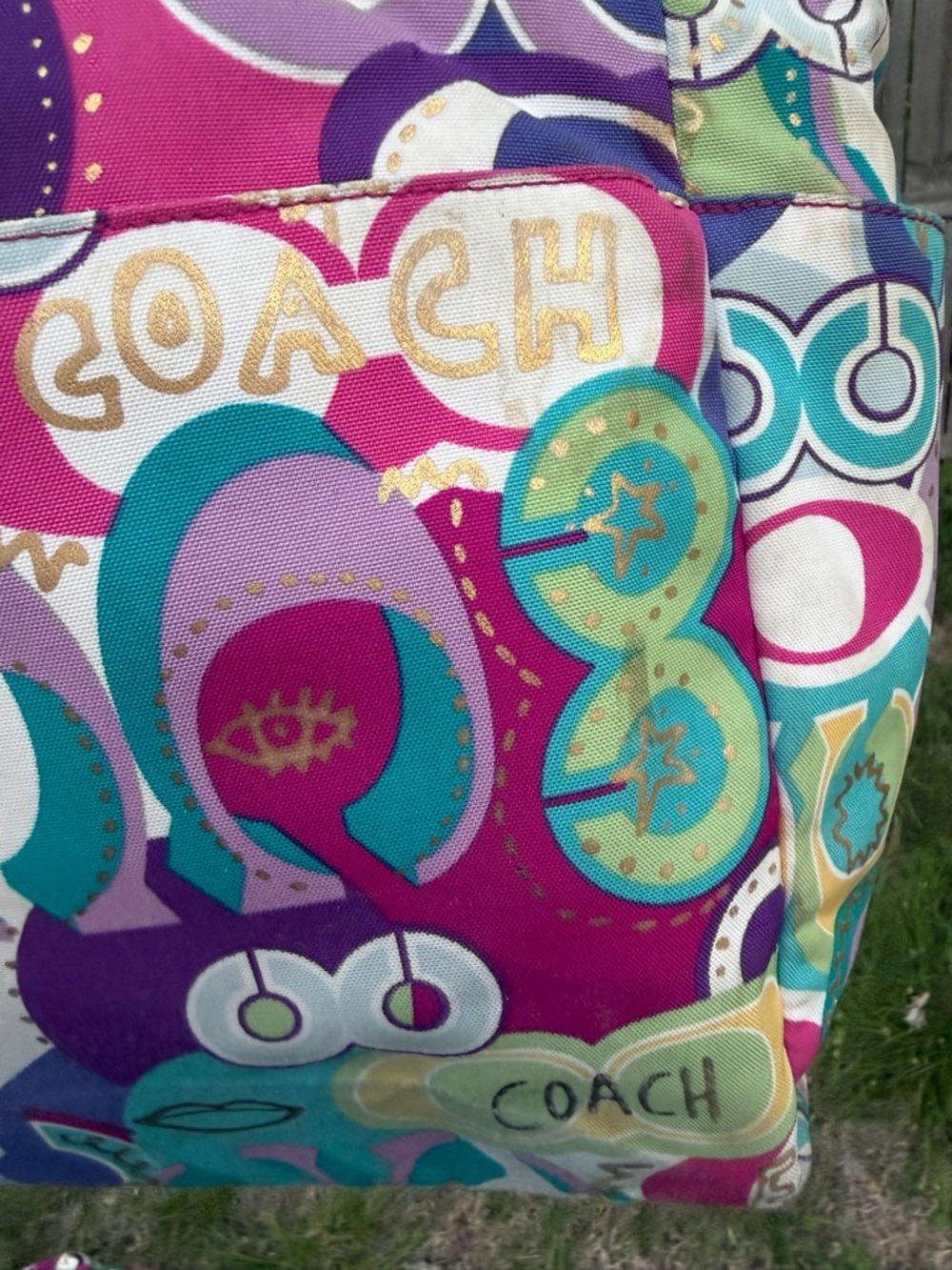 COACH Purple Multicolor Signature Print Tote with Gold Trim - Picture 11 of 15